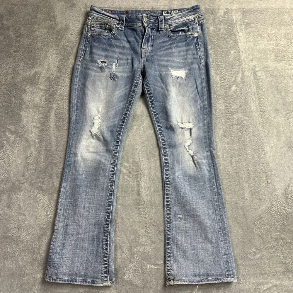 Miss Me Womens Jeans Mid Rise Easy Bootcut Embroidered Pocket Sz. 28 Distressed